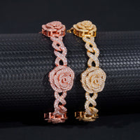 Romantic Rose 3D Gold Plated Iced Out 16mm 925 Sterling Silver Hip Hop Infinity Link Bracelet