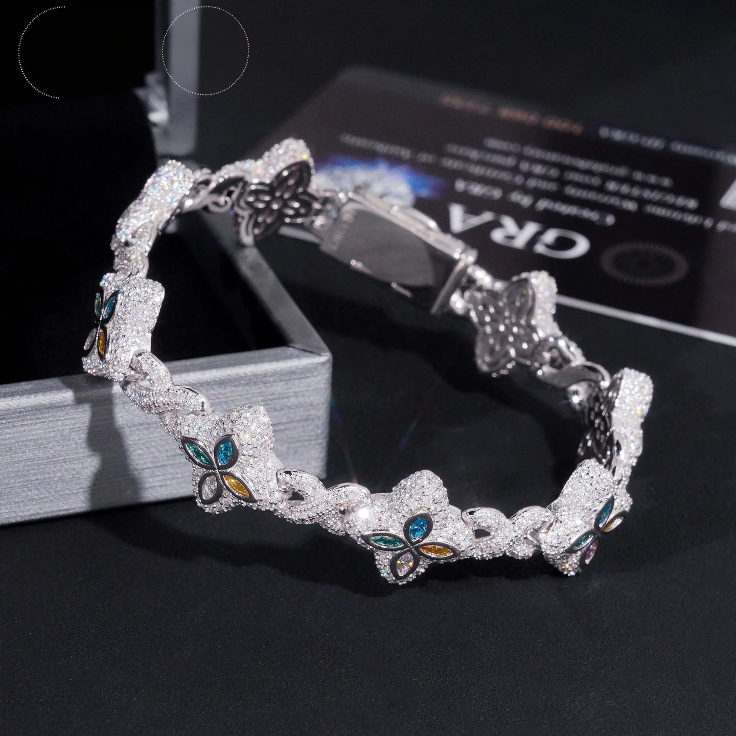 Custom Luxury Iced Out Hip Hop Moissanite Diamond 925 Silver Cuban Link Chain Bracelet Popular Colorful Flower Clover Bracelet