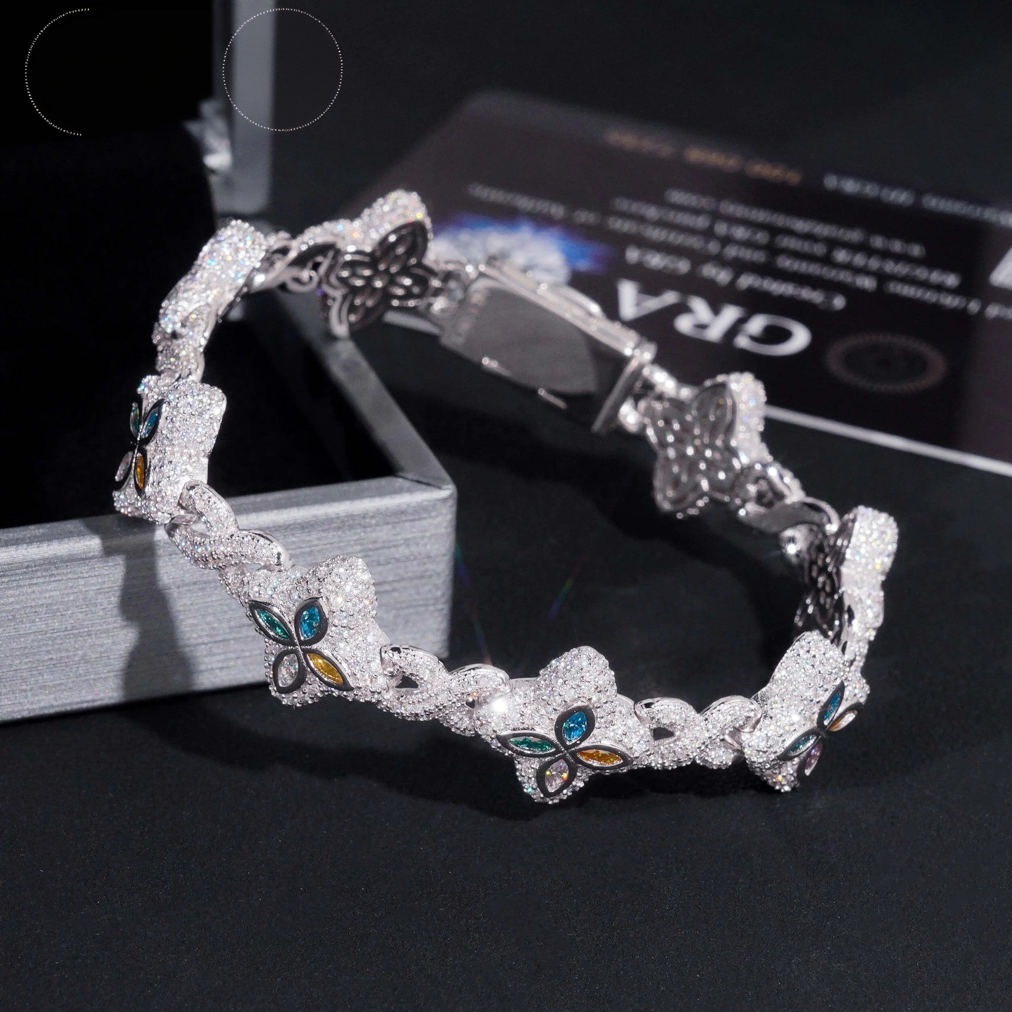 Custom Luxury Iced Out Hip Hop Moissanite Diamond 925 Silver Cuban Link Chain Bracelet Popular Colorful Flower Clover Bracelet