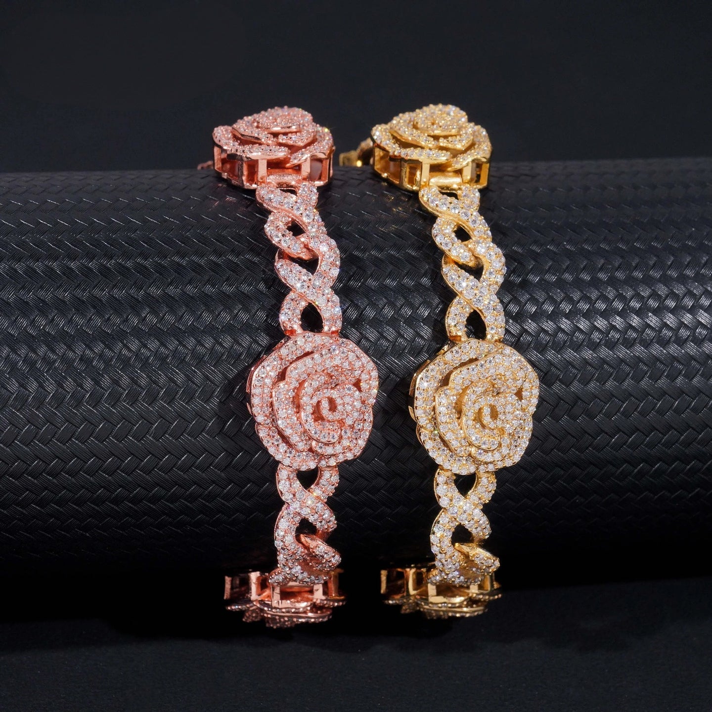 Romantic Rose 3D Gold Plated Iced Out 16mm 925 Sterling Silver Hip Hop Infinity Link Bracelet