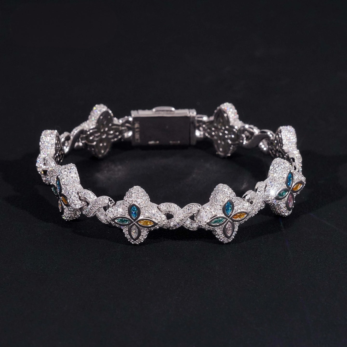 Custom Luxury Iced Out Hip Hop Moissanite Diamond 925 Silver Cuban Link Chain Bracelet Popular Colorful Flower Clover Bracelet