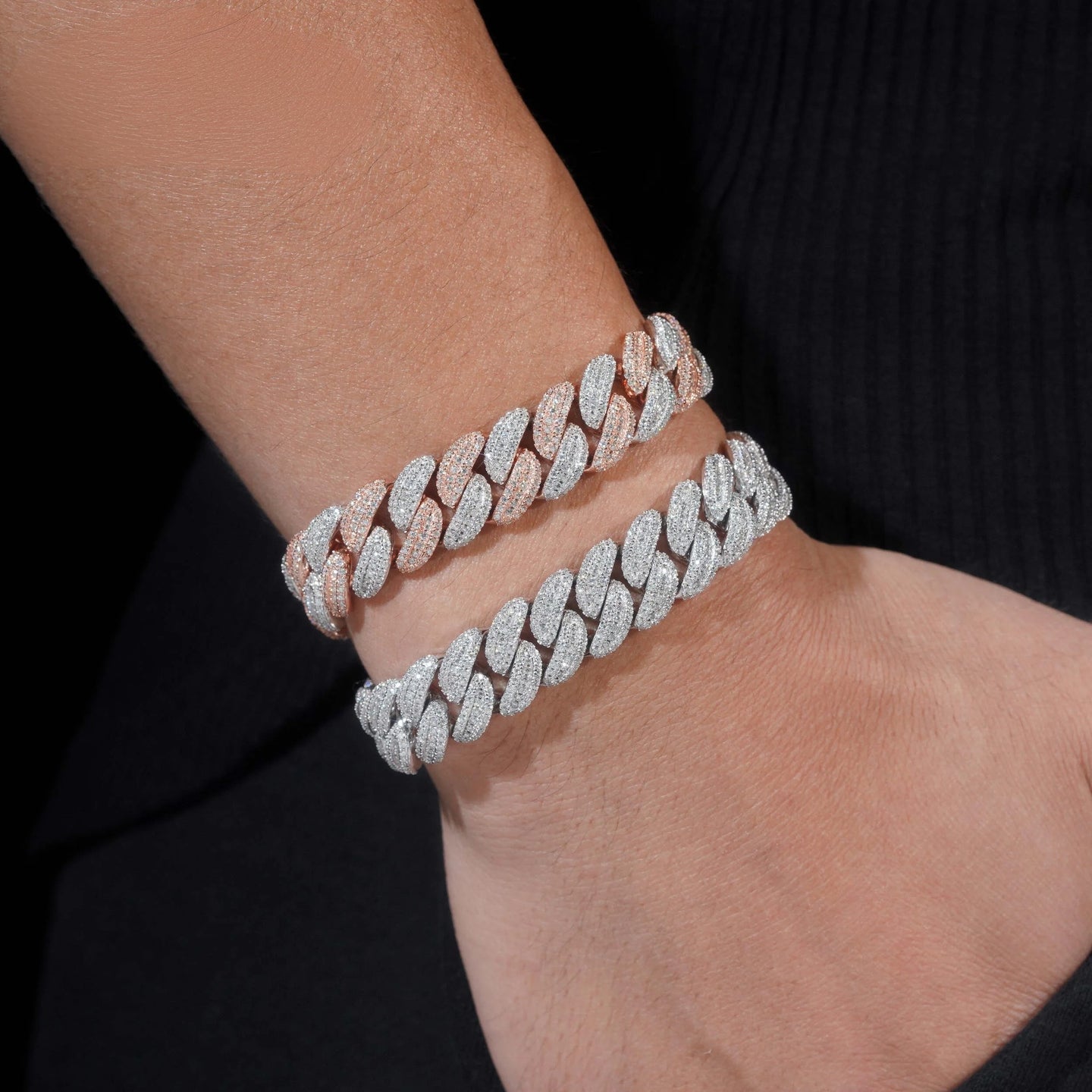 Hip Hop High Quality Iced Out Moon Shape 925 Silver Two Tone 13mm Moissanite Cuban Link Bracelet