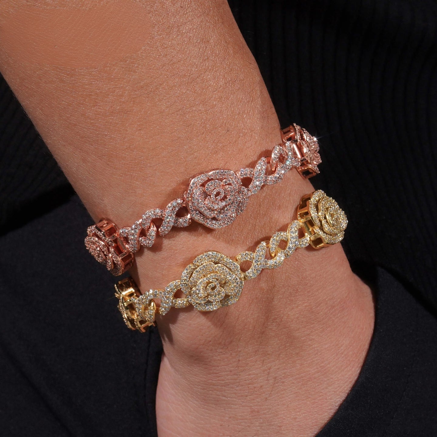 Romantic Rose 3D Gold Plated Iced Out 16mm 925 Sterling Silver Hip Hop Infinity Link Bracelet