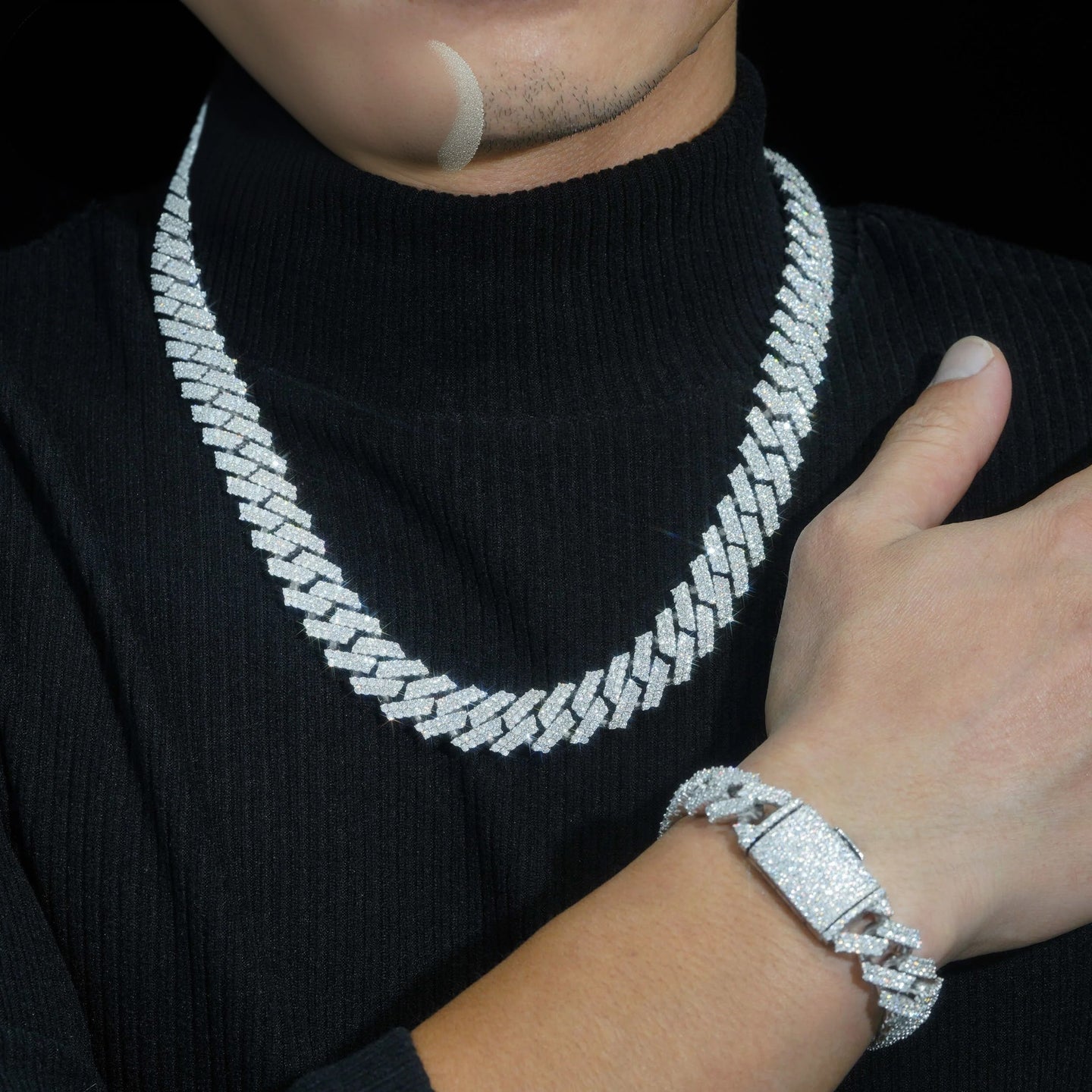 Shining Moissanite Hip Hop Jewelry 15mm 2rows Design Sterling Silver Gold Plated Diamond Moissanite Cuban Link Chain