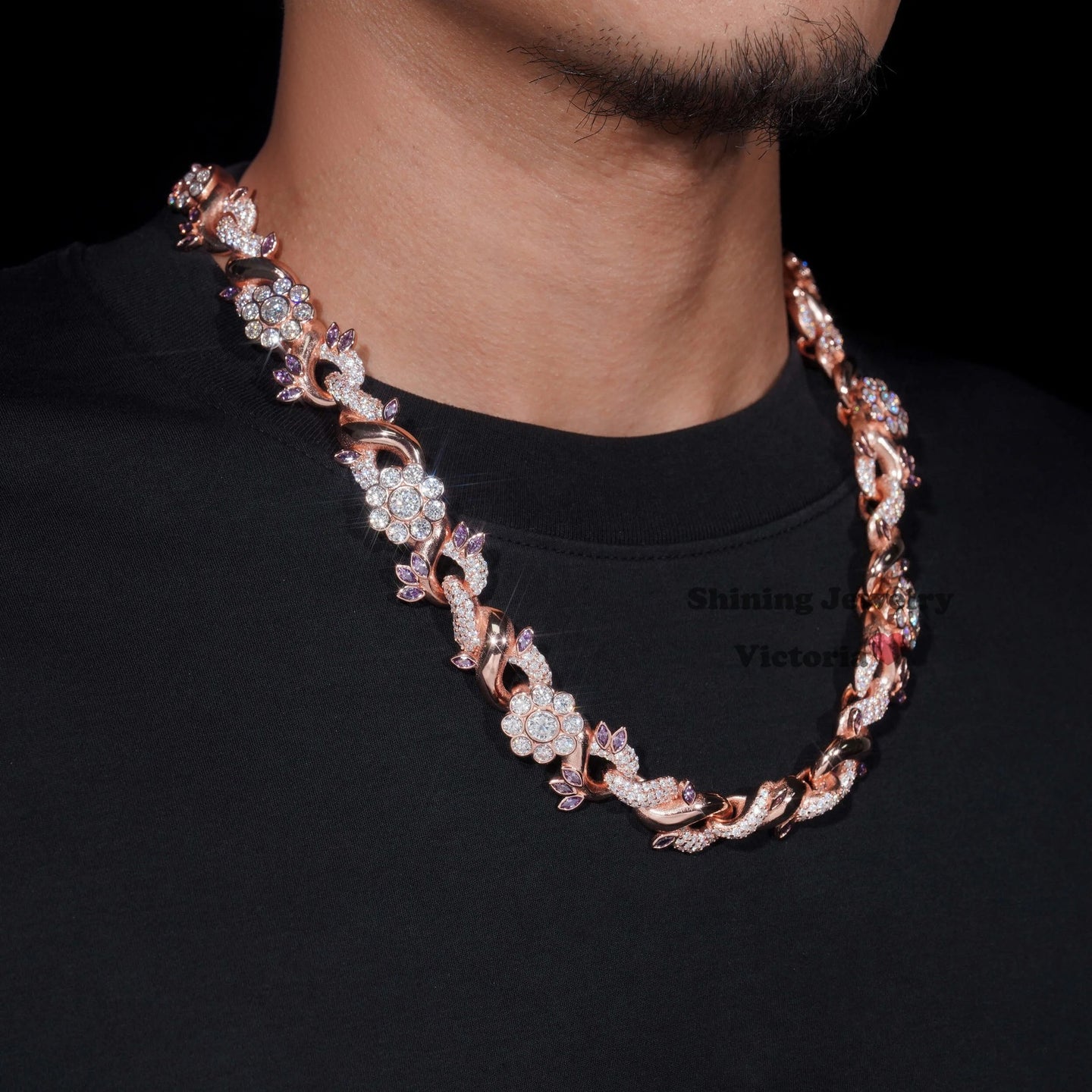 Pass Diamond Tester Rose Gold VVS Moissanite Lab Diamond Silver 925 18MM Flower Cuban Hip Hop Iced Out Jewelry Cuban Link Chain