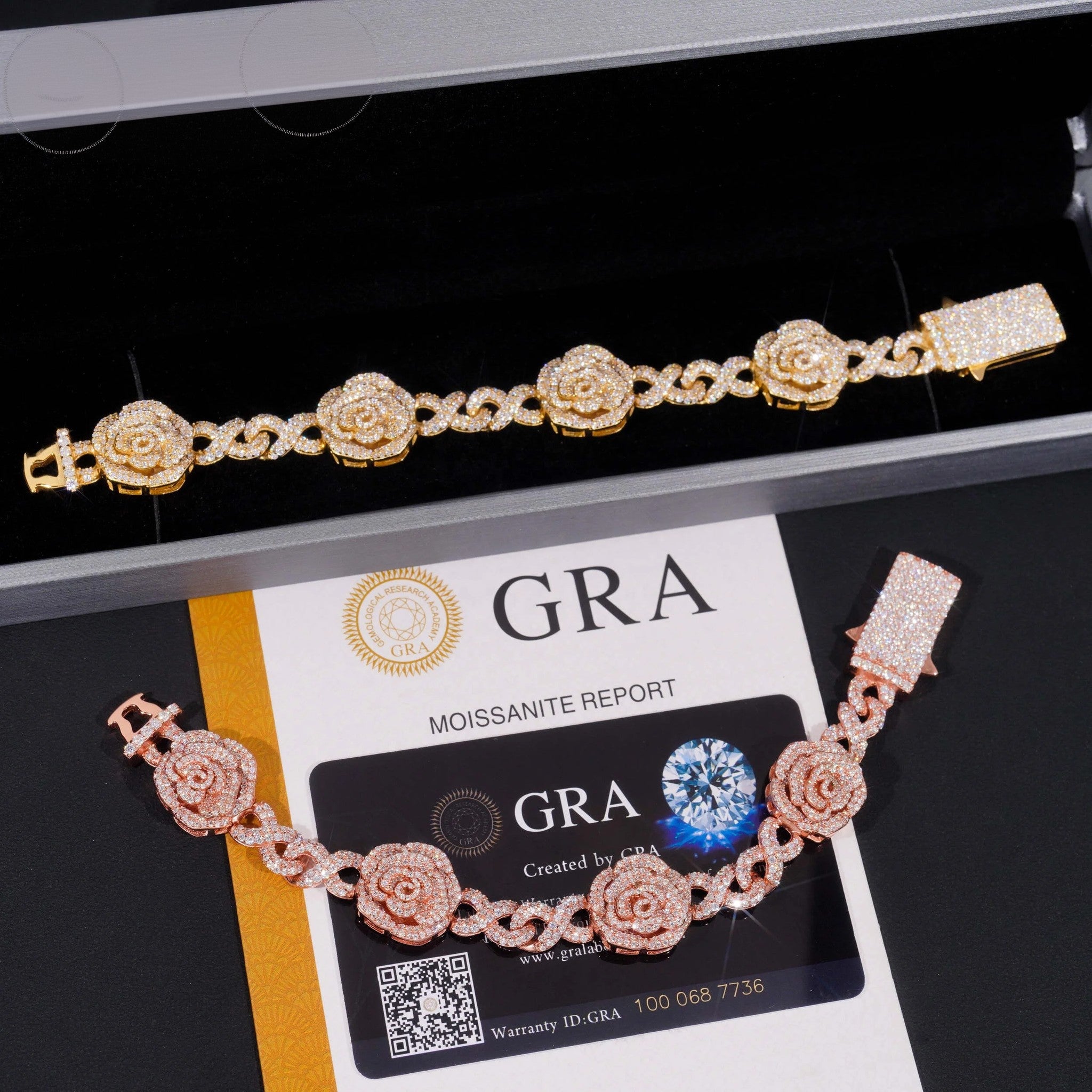 Romantic Rose 3D Gold Plated Iced Out 16mm 925 Sterling Silver Hip Hop Infinity Link Bracelet