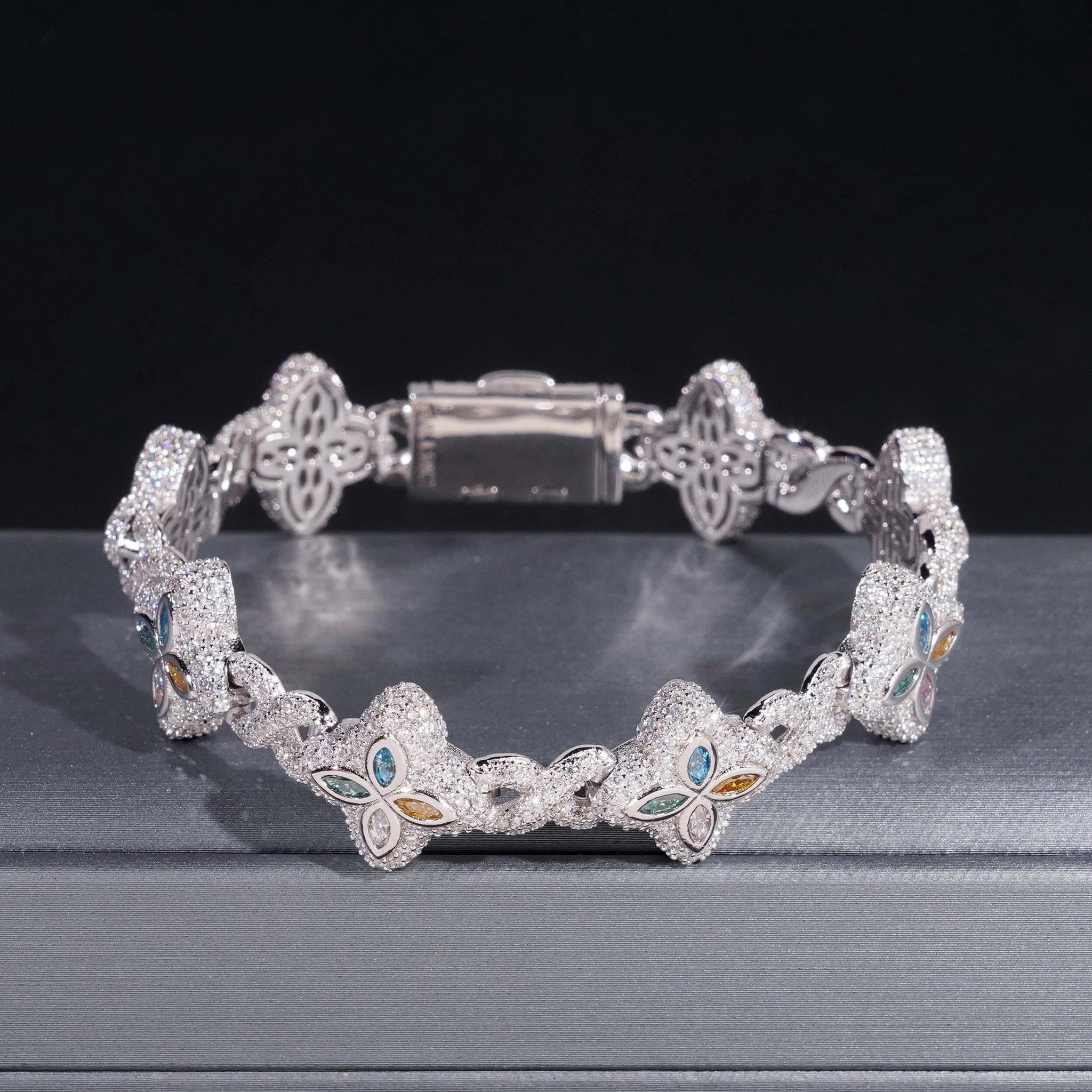 Custom Luxury Iced Out Hip Hop Moissanite Diamond 925 Silver Cuban Link Chain Bracelet Popular Colorful Flower Clover Bracelet