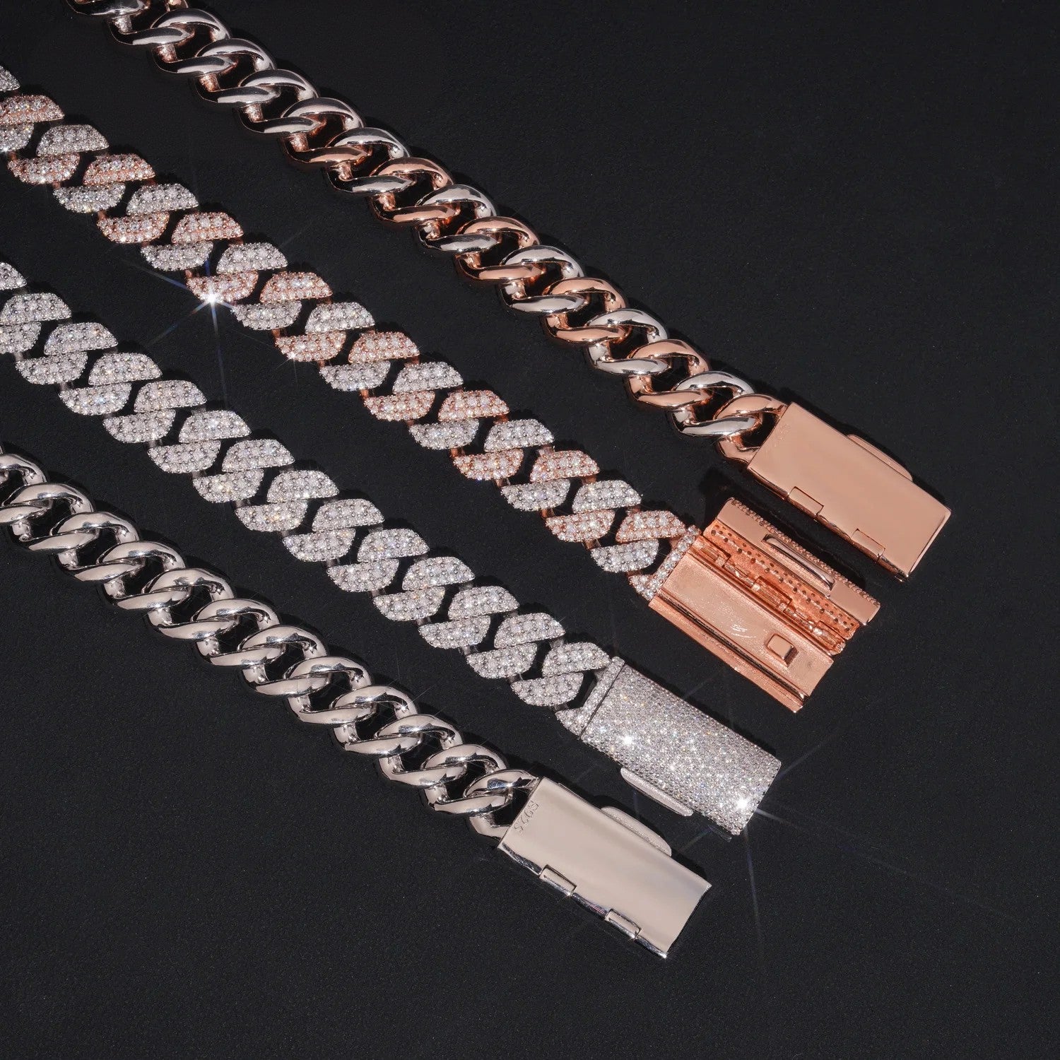 RTS Factory Hip Hop Jewelry 13mm Raised Stones Solid 925 Sterling Silver Gold Plated Iced Out Moissanite Miami Cuban Link Chain