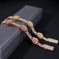 Romantic Rose 3D Gold Plated Iced Out 16mm 925 Sterling Silver Hip Hop Infinity Link Bracelet