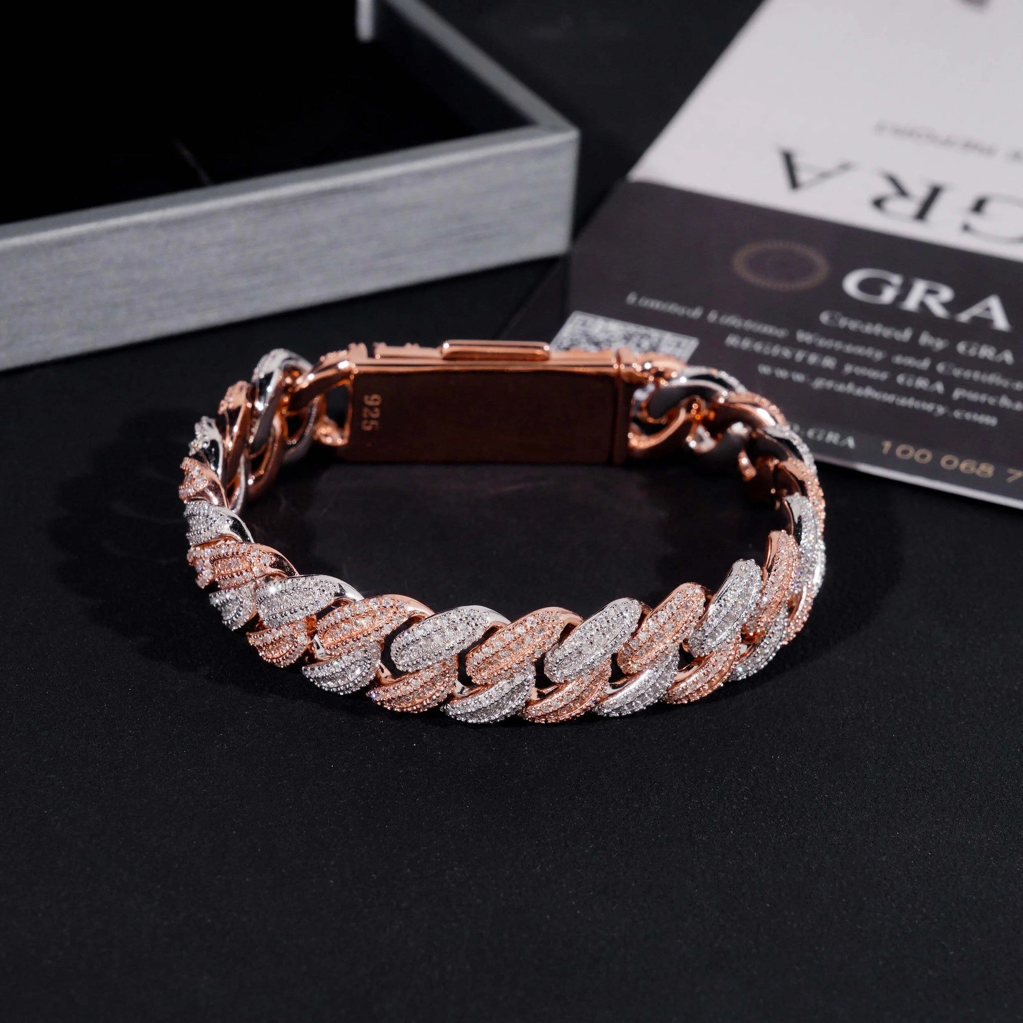 Hip Hop High Quality Iced Out Moon Shape 925 Silver Two Tone 13mm Moissanite Cuban Link Bracelet