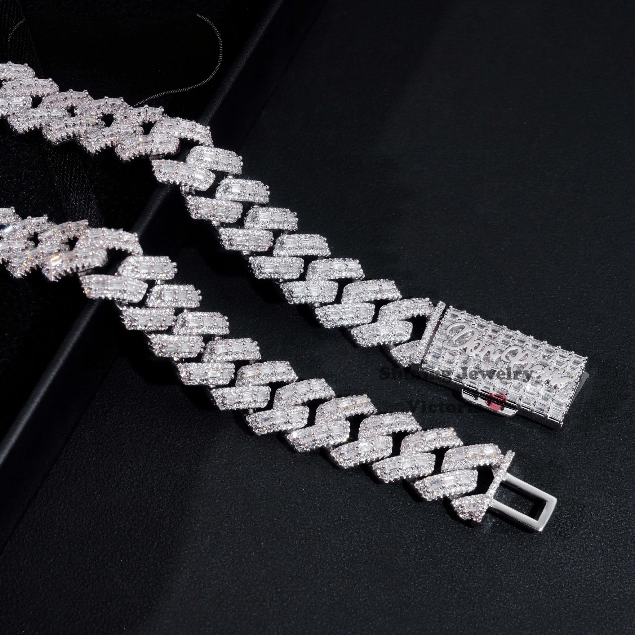 Custom Name Lock 18MM White Gold Plated Baguette Design Hiphop Cuban Link S925 VVS Moissanite Diamond Cuban Chain Men's Necklace