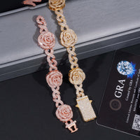 Romantic Rose 3D Gold Plated Iced Out 16mm 925 Sterling Silver Hip Hop Infinity Link Bracelet