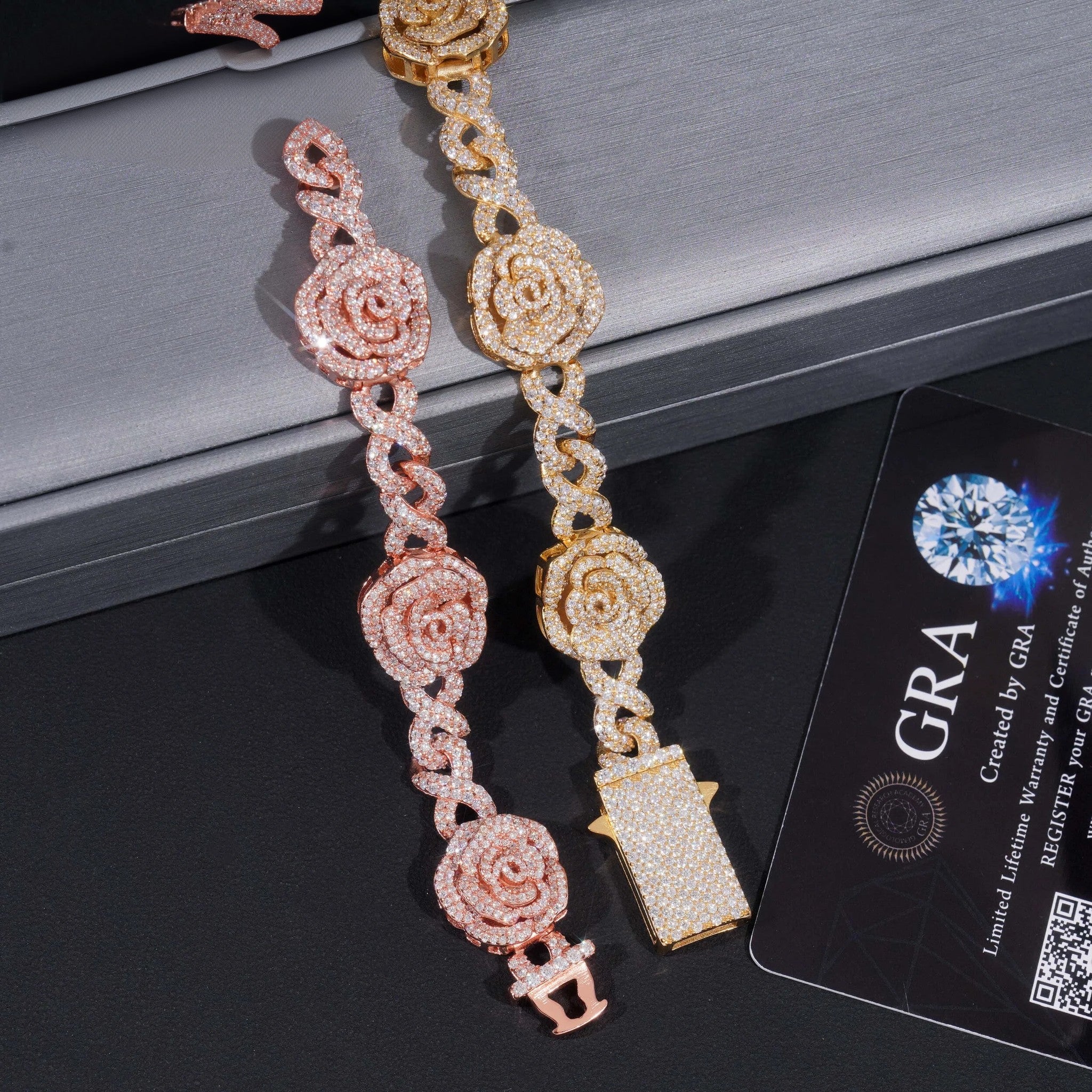 Romantic Rose 3D Gold Plated Iced Out 16mm 925 Sterling Silver Hip Hop Infinity Link Bracelet