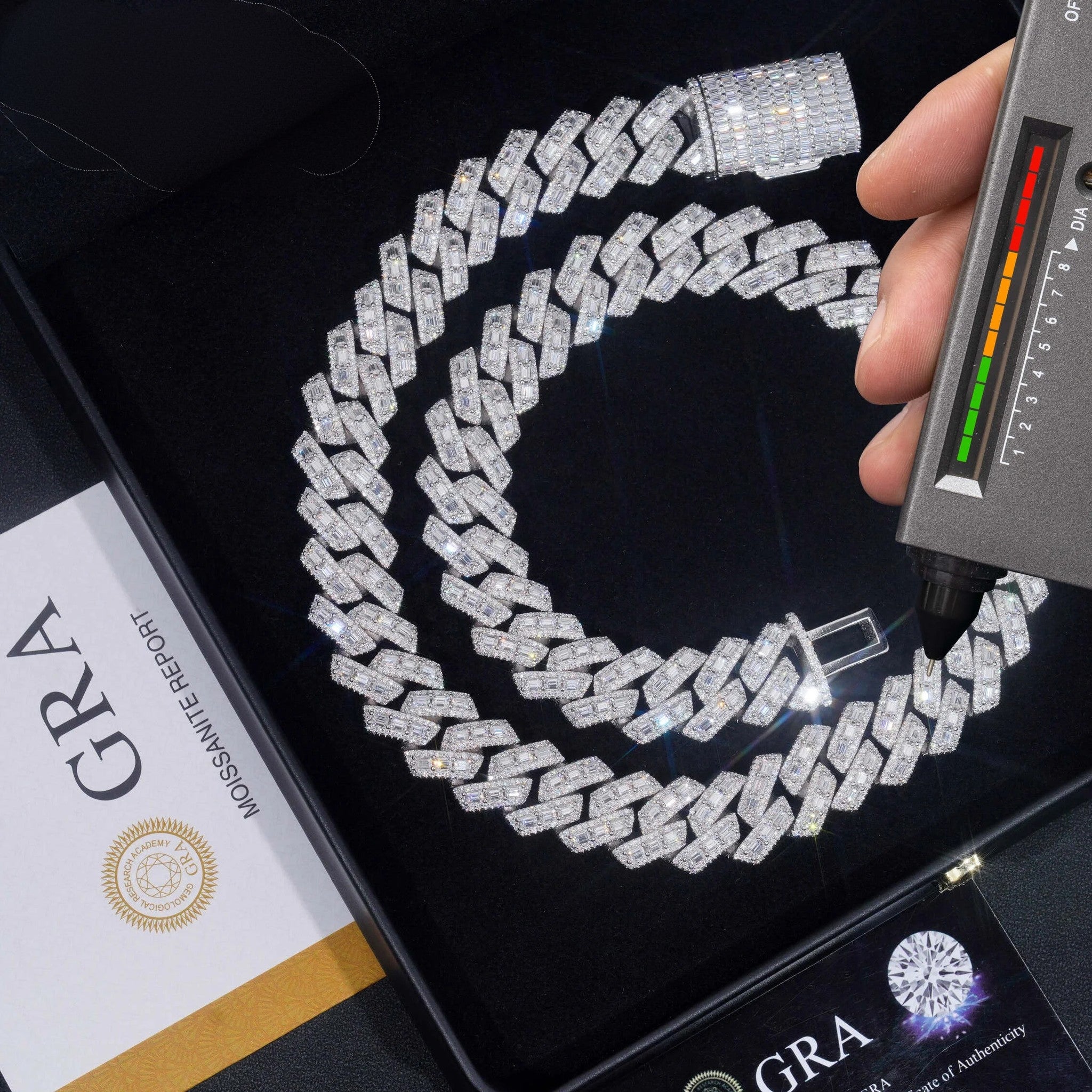 Pass Diamond Tester Rapper Jewelry Iced Out Baguette 18MM 925 Silver Hip Hop Moissanite Cuban Link Chain