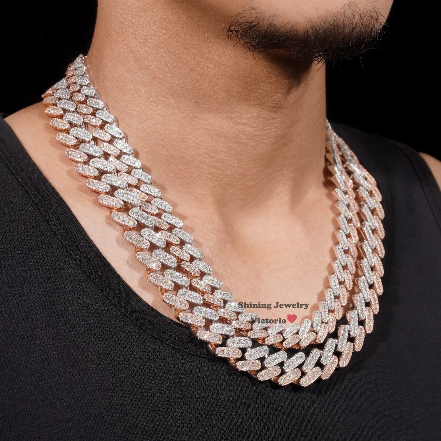 Hot Sell Men Necklace Sterling Silver 10MM 13MM Three Rows Rose Gold Cuban Link Chain Iced Out VVS Moissanite Diamond Necklace
