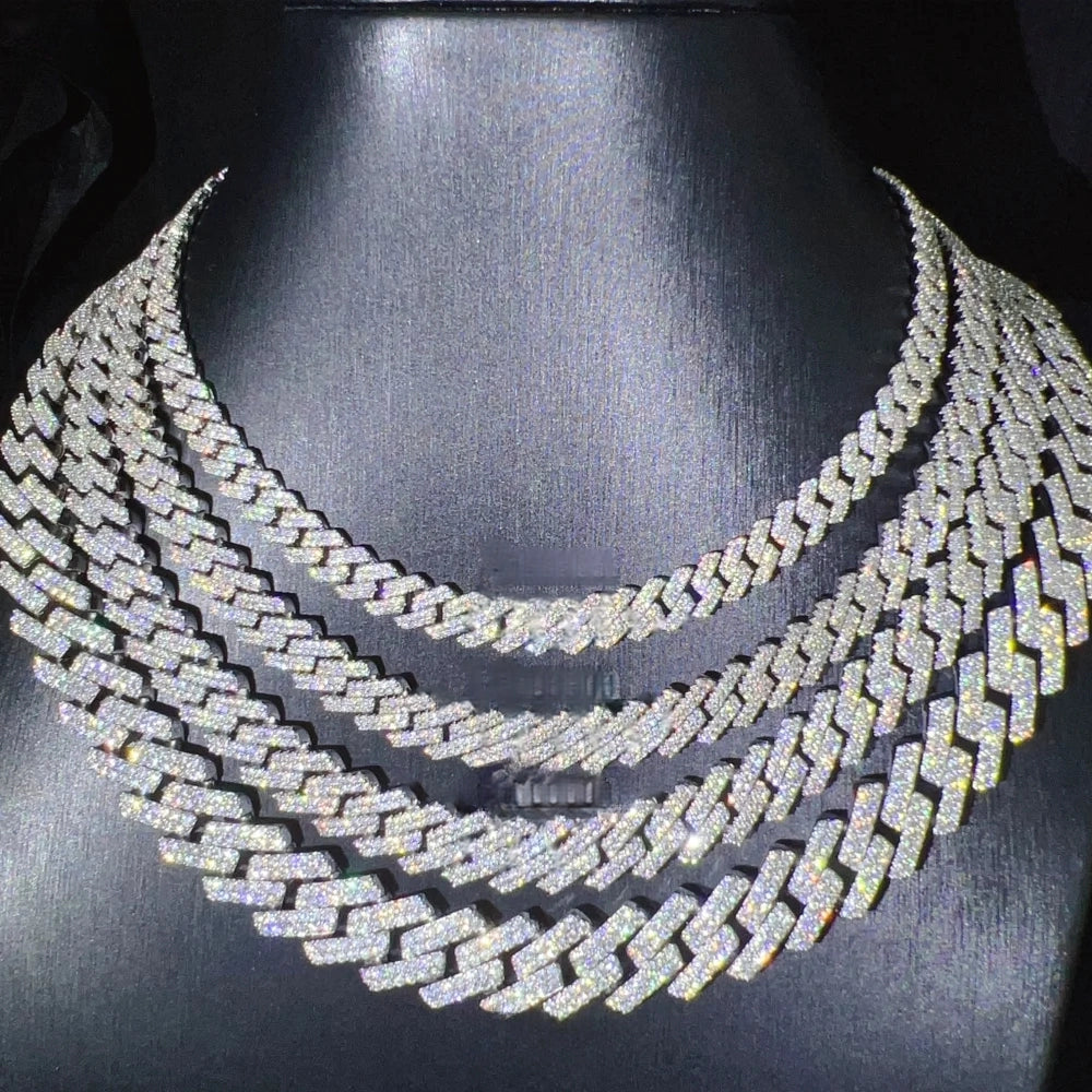 Iced Out Drip Moissanite 2 Rows Miami Gold Cuban Chain Necklace 925 Sterling Silver Diamond Moissanite Cuban Link Chain